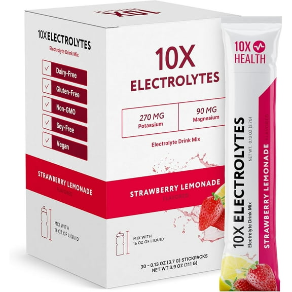 10X Health Electrolytes Powder Drink Mix, Strawberry Lemonade, Sugar-Free, with Potassium, Magnesium, Sea Salt, Non-GMO, 30 Stickpacks
