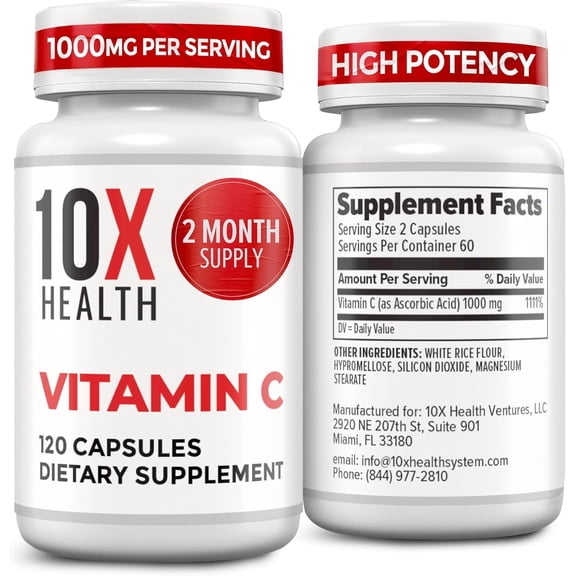 10X Health Vitamin C 1000mg, Immune Booster – Pure Vitamin C, 120 Capsules
