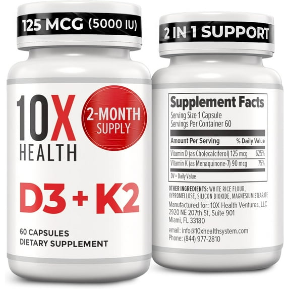 10X Health Vitamin D3 K2 - Vitamin D3 5000 IU, Vitamin K2 90 mcg, 60 Capsules