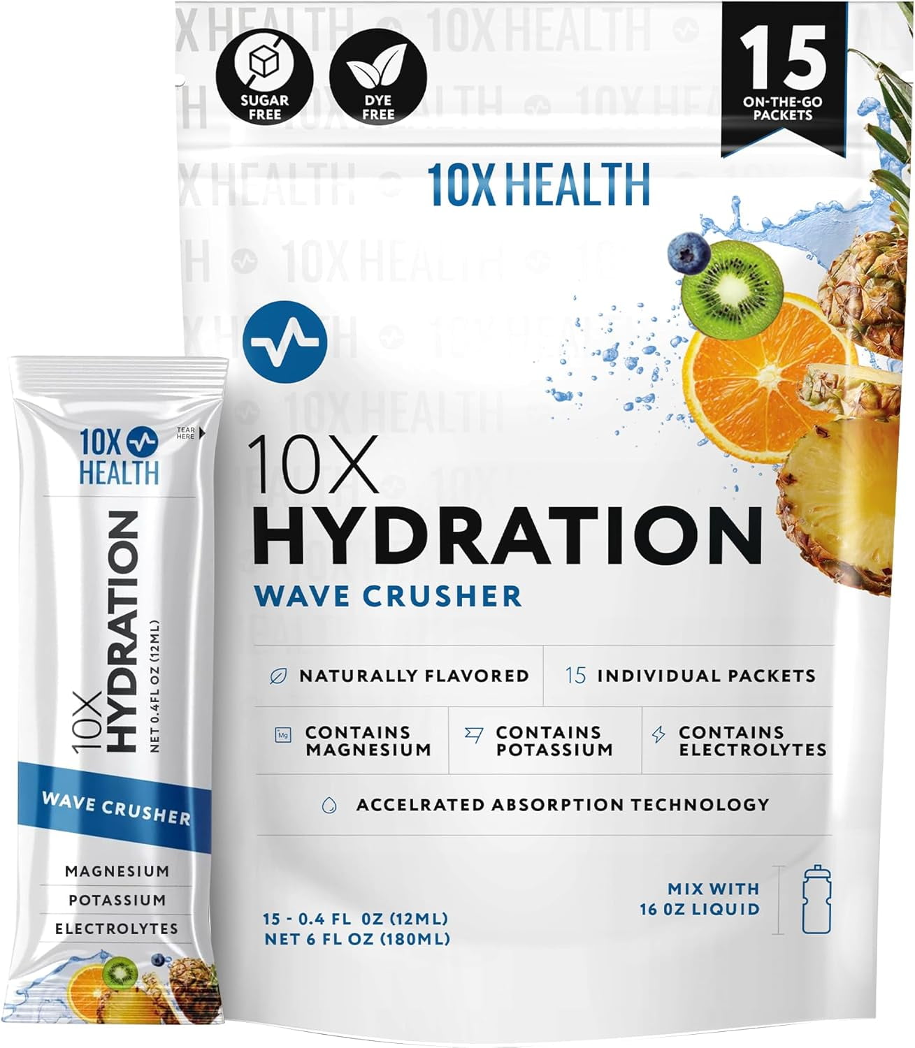 10X Hydration Wave Crusher - Electrolyte Drink Mix Packets, 15 Stick Packs, Natural Flavor