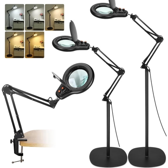 LED Magnifying Glass with Light and Stand, 5 Color Dimmable Switch Knob, 3-in-1 Adjustable Swing Arm Floor Lamp ,Hands-Free Lighted Magnifier for Reading Close Work