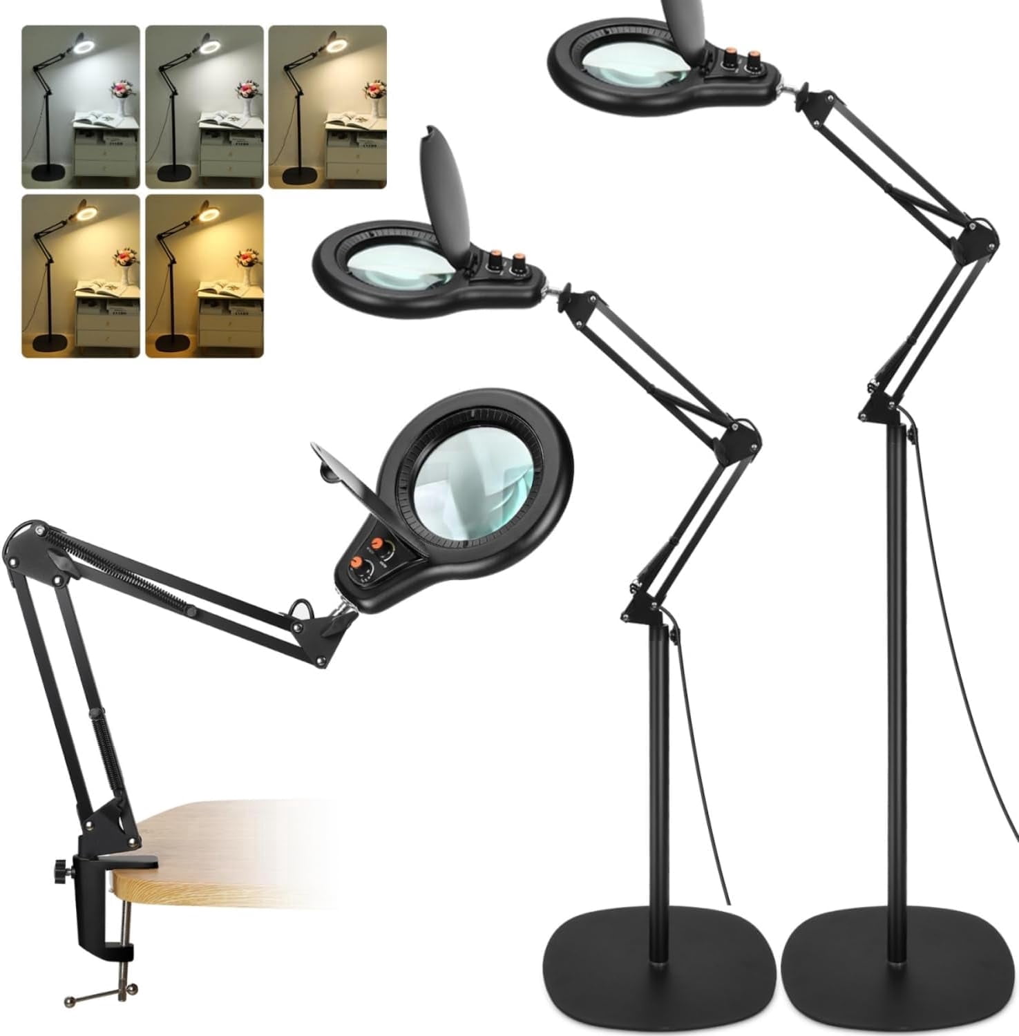 LED Magnifying Glass with Light and Stand, 5 Color Dimmable Switch Knob, 3-in-1 Adjustable Swing Arm Floor Lamp ,Hands-Free Lighted Magnifier for Reading Close Work