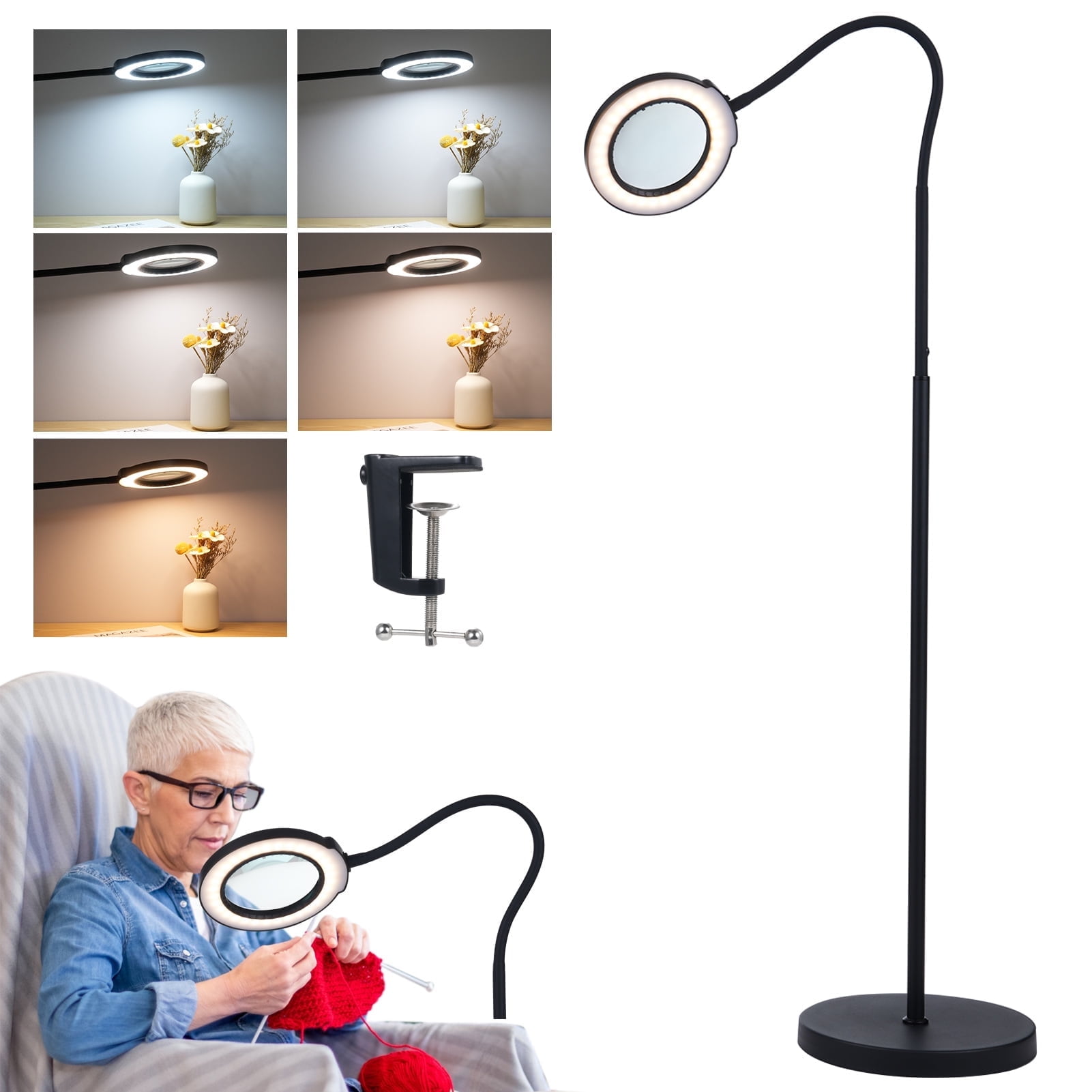 10X Magnifying Glass Floor Lamp with Clamp  3-in-1 Adjustable LED Craft Lamp, 5 Color Modes & Stepless Dimming, Magnifiers for Reading, Sewing, Crafts, Close Work