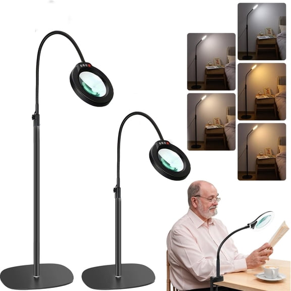 LED Magnifying Glass Floor Lamp With Flexible Gooseneck,5 Color Modes, Adjustable Brightness - Hands Free for Reading, Crafts, Painting