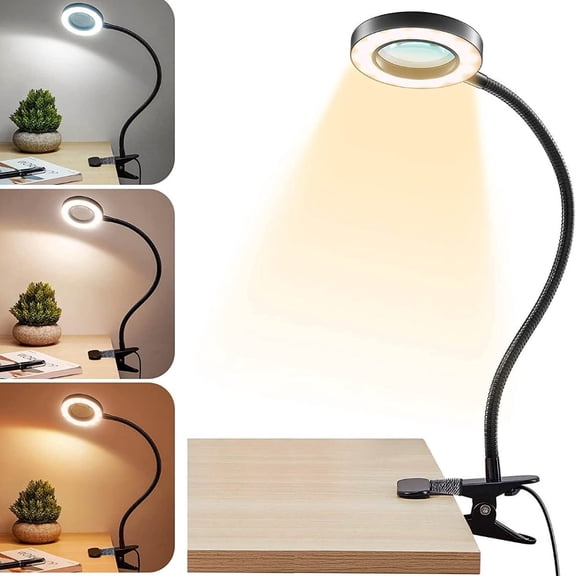 2 in 1 Magnifying Desk Lamp Clip on Mganifier with Light, 3 Color Modes 10 Brightness Levels, Reading Lamp for Bed Crafts DIY Repair Close Works, Painting,No Ad