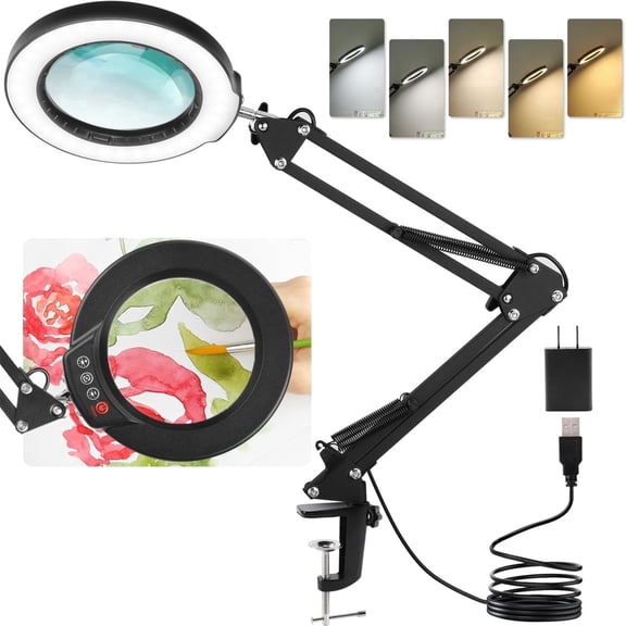 Magnifying Glass with Light and Clamp, 5 Color Modes Stepless Dimmable Lighted Magnifier with Light, Adjustable Swing Arm LED Desk Lamp Hands Free for Close Work Crafts - Black