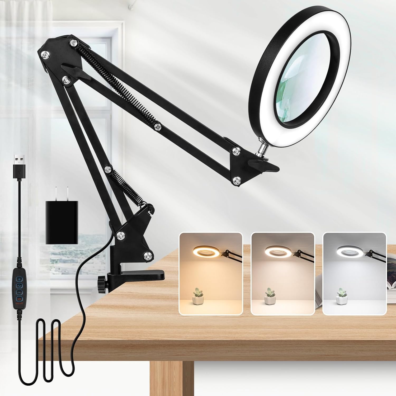 10X Magnifying Glass with Light, Flexible Arm Magnifier Lamp, 3 Color Modes & Stepless Dimming