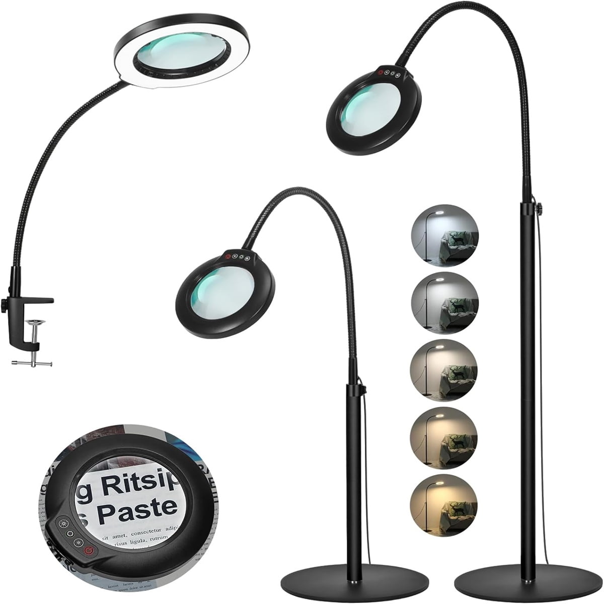 Veemagni Magnifying Glass with Light and Stand,  24" Flexible Gooseneck 5 Color Modes Stepless Dimmable Magnifying Floor Lamp, 3-in-1 Adjustable Lighted Magnifier Hands Free for Close Works, Craft