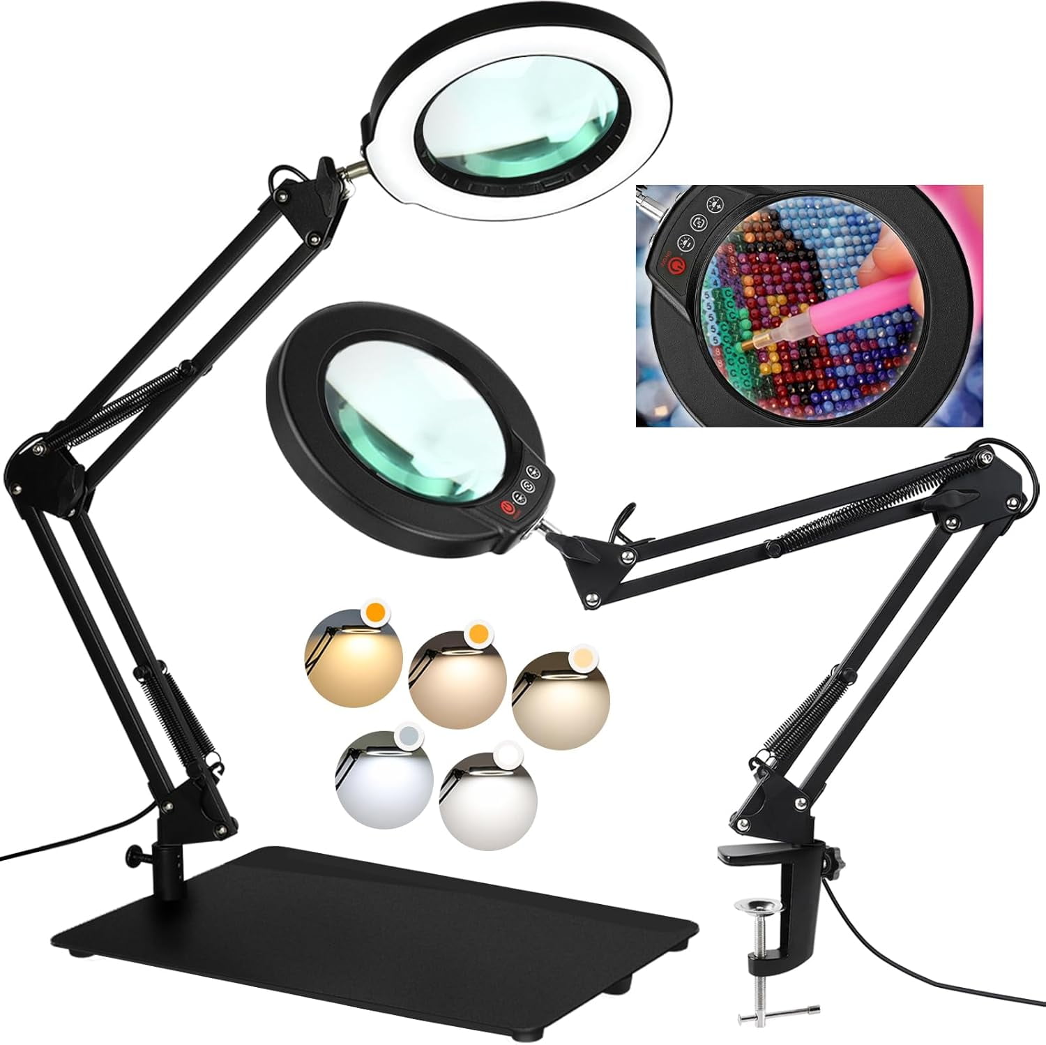 10X Magnifying Glass With Light And Stand, Real Glass Lens 3 Color Modes Stepless Dimmable Hands Free Adjustable Arm Led Lighted Magnifier Desk Lamp Clamp Crafts Rea