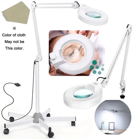 2-in-1 Magnifying Floor Lamp and Stand, with 5 Wheels Rolling Base for Lash Estheticians Facials, 1,500 Lumens Stepless Dimmable, LED Lighted Magnifier for Sewing Crafts