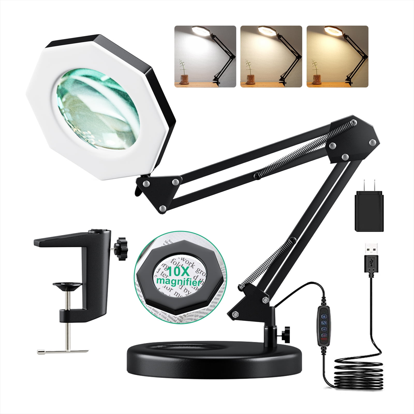  LANCOSC 10X Magnifying Glass with Light and Stand, 5 Color  Modes Stepless Dimming LED Lighted Magnifier, Adjustable Swivel Arm Hands  Free Magnifying Desk Lamp for Craft Reading Soldering (Black, 10X) 