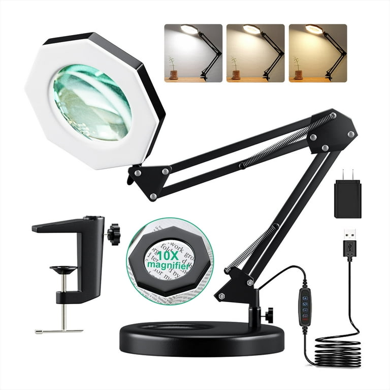  LANCOSC 10X Magnifying Glass with Light and Stand, Real Glass  Lens 3 Color Modes Stepless Dimmable, Hands Free Adjustable Arm LED Lighted  Magnifier Desk Lamp & Clamp for Crafts Reading Repair 