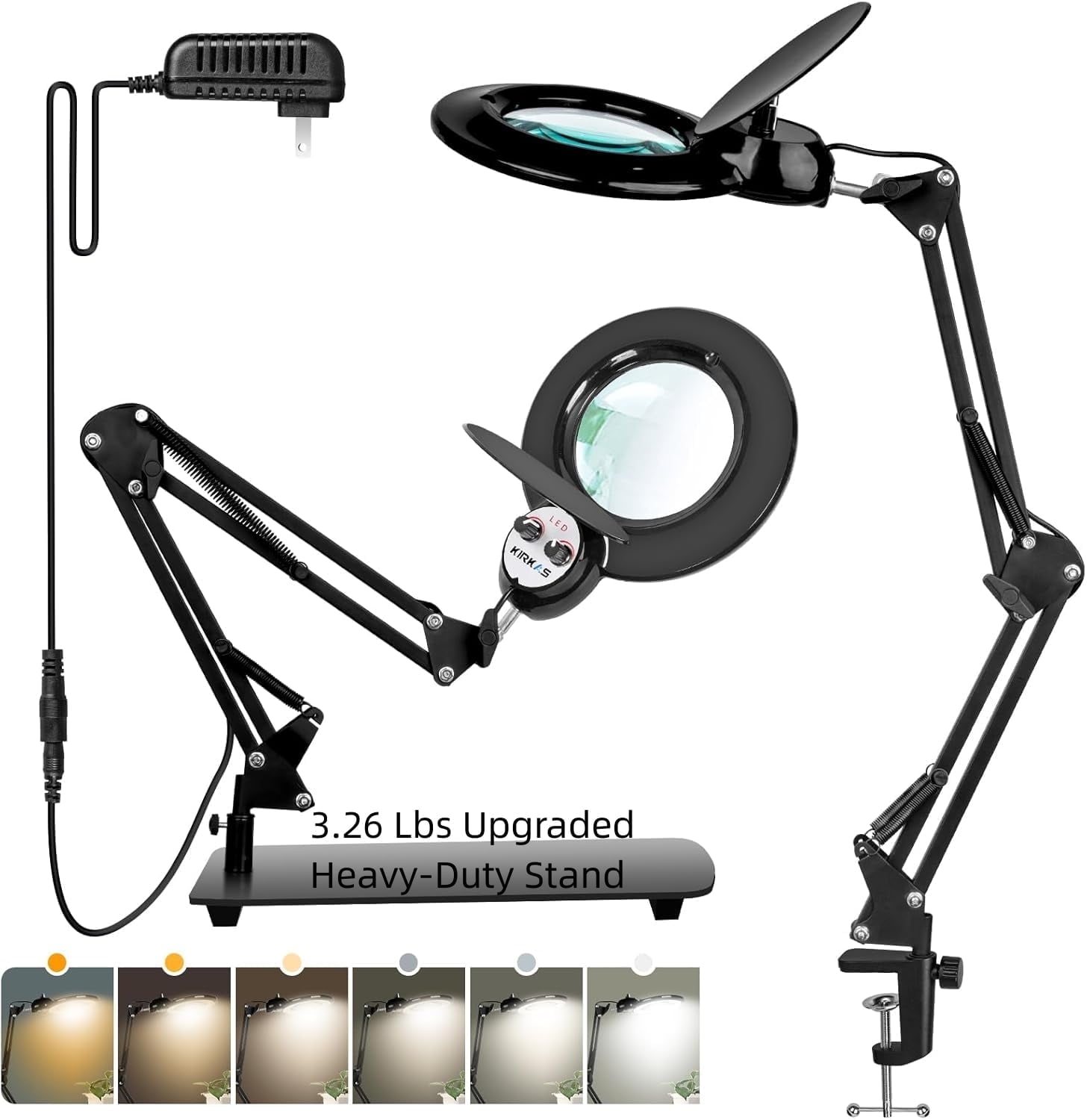Magnifying Glass with Light and Stand, KIRKAS Upgraded Stepless Color Modes & Brightness LED 2-in-1 Anti-Tipping Base and Clamp, Lighted Magnifier Light for Reading,Repair, Hobby, Jewelry Desgin