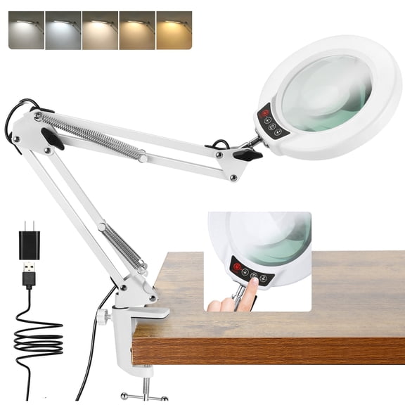 10X Magnifying Glass with Light and Stand, Real Glass Lens 3 Color Modes Stepless Dimmable, Hands Free Adjustable Arm LED Lighted Magnifier Desk Lamp & Clamp for Crafts Reading Repair - White