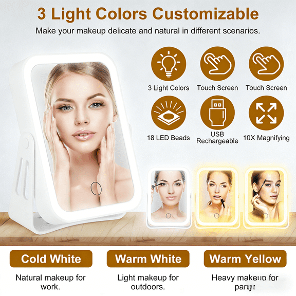 10X Magnifying LED Mirror 7.99In Double Side Touch Sensor USB Rechargeable 3Light Mode Cold White Warm White Warm Yellow 18LED 800mAh Battery Travel Portable ABS Glass .85Lb Vanity Cosmetic Lighted