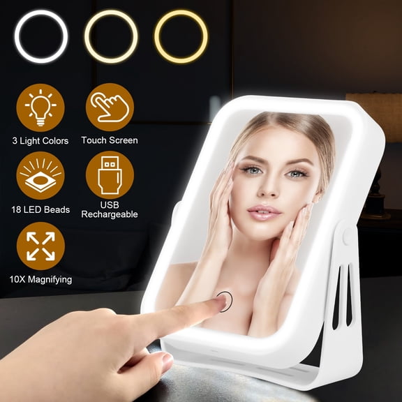 10X Magnifying LED Travel Makeup Mirror 7.64In Double-Sided 1X/10X Magnification 3Light Modes Smart Touch Sensor USB Rechargeable Portable Travel Vanity Mirror for Home Bathroom Desk Dorm with 18LED