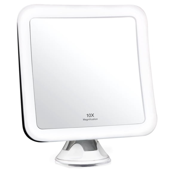 10X Magnifying Lighted Makeup Mirror - Daylight LED Vanity Mirror - Compact, Cordless, Locking Suction, 6.5" Wide, 360 Rotation, Portable Illuminated Bathroom Mirror (Square)