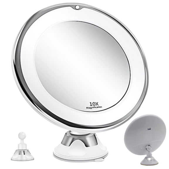 10X Magnifying Lighted Makeup Mirror, LED Vanity Mirror with Suction Cup, 360° Rotation Touch Control Cosmetic Mirror for Bathroom and Travel,Large