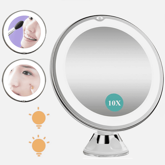 10X Magnifying Makeup Mirror with LED Lights Bright Diffused Illumination, 360 Adjustable Rotating Arm, with Locking Suction Cup, Cordless Portable for Bathroom Vanity, Home & Travel.