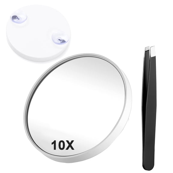 10X Magnifying Mirror, Small Magnifying Mirror with Suction Cup and Tweezers, Mganifying Mirror for Bathroom Bedroom Travel, White