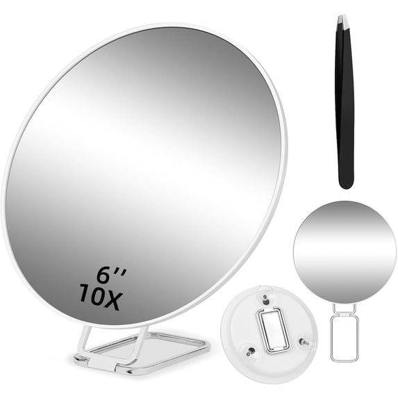 10X Magnifying Mirror with Stand, 6inch Makeup Magnifying Mirror, Makeup Mirror with 10x Magnification, Handheld Magnifying Mirror with 3 Suction Cups, Portable Travel Magnifying Mirror and Tweezers