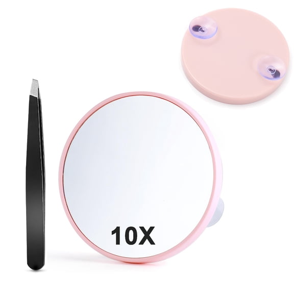 10X Magnifying Mirror with Tweezers and Suction Cup for Easy Mounting, Use for Makeup Mirror, Travel Stick on Shower Mirror for Plucking Eyebrows 3.5 Inch, Pink