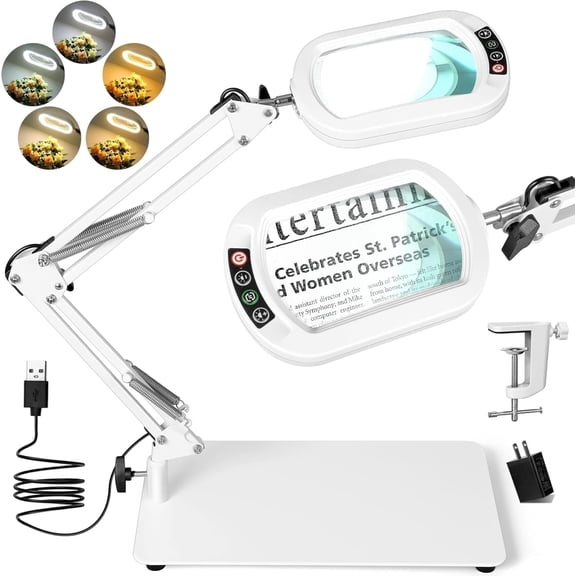 2-in-1 Square Magnifying Glass with Light, Clamp & Stand, 5 Color Modes Stepless Dimmable Hands Free for Reading Crafts Painting Close Work - White