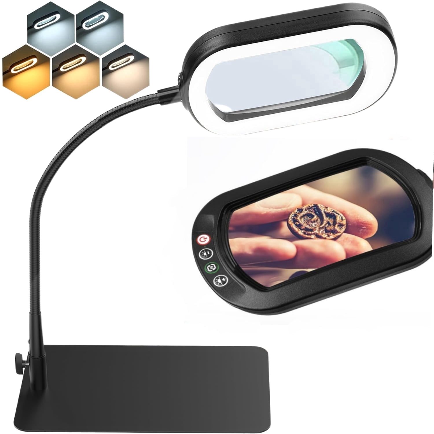 VISONHEART LED Magnifying Desk Lamp with Stand, Rectangular Real Glass Lens, 5 Color Modes Stepless Dimmable, Hands Free LED Task Lamp for Reading, Repair, Close Work & Craft Hobby
