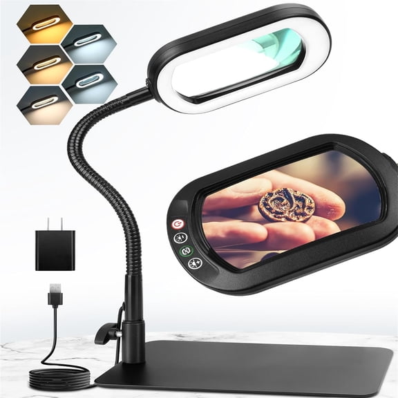 VISONHEART LED Magnifying Desk Lamp with Stand, Rectangular Real Glass Lens, 5 Color Modes Stepless Dimmable, Hands Free LED Task Lamp for Reading, Repair, Close Work & Craft Hobby