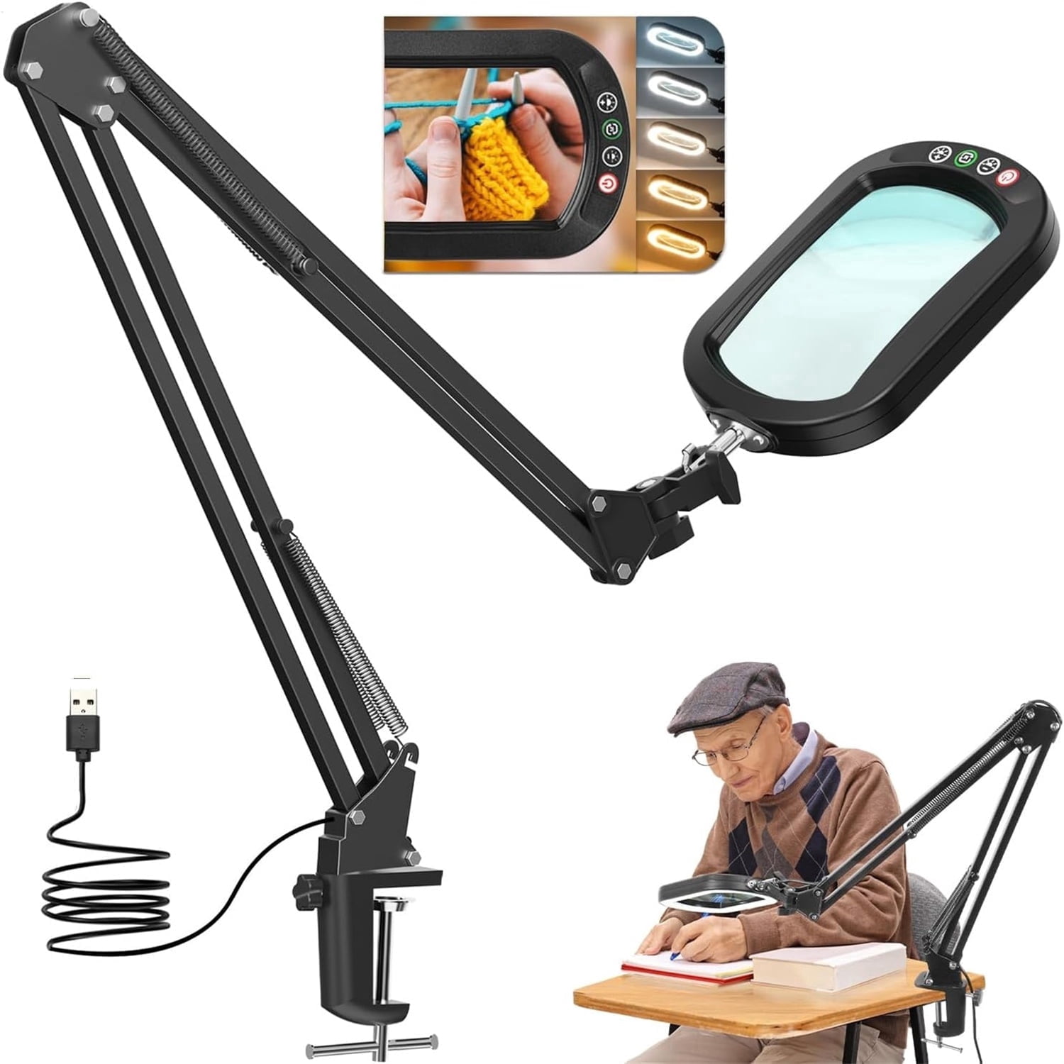 10X Rectangular Lens Magnifying Lamp - 5 Color Stepless Dimming, 2x16" Swing Arm, Head Buttons & 2.6" Clamp for Crafts/Reading/Seniors