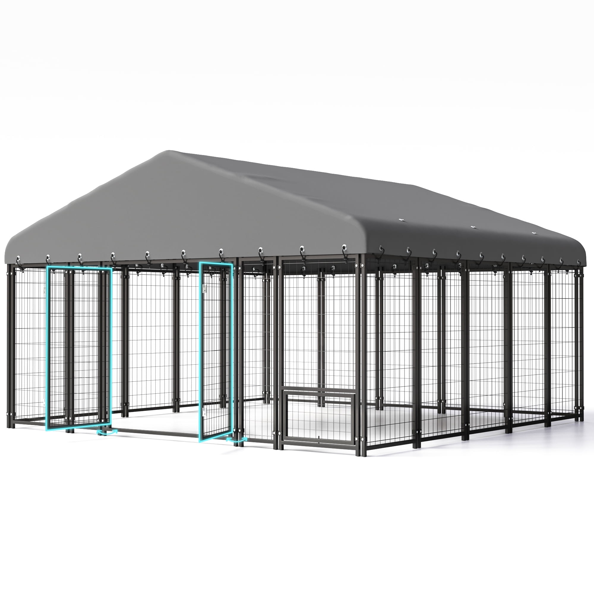 10X10FT Dog Kennel Outside Double Door Dog Kennel Outdoor with Feeding, Heavy Duty Outdoor Dog Crate Durable Dog Cage with Roof & Double Lock