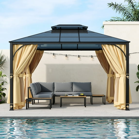 10X12 Ft Hardtop Outdoor Gazebo, Heavy Double Roof Canopy with Double-Layer Side Walls, 2 Internal Hooks, Mosquito Netting and Curtains for Patio, Garden, Backyard and Lawn, Beige