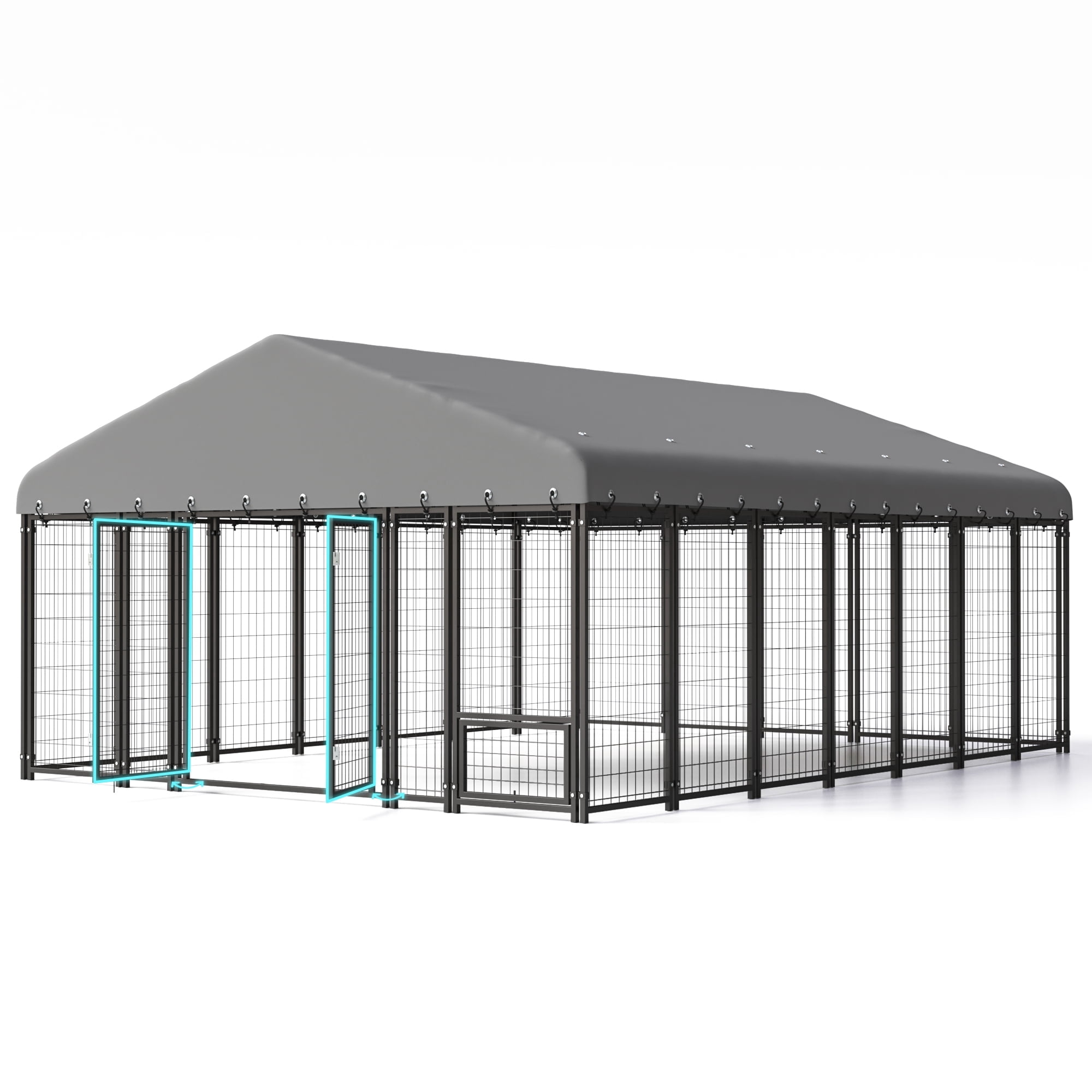 10X14FT Dog Kennel Outside Double Door Dog Kennel Outdoor with Feeding, Heavy Duty Outdoor Dog Crate Durable Dog Cage with Roof & Double Lock