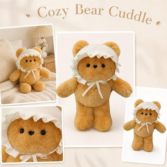 10X6 Inch Stuffed Plush Bear, Floppy Plush Keepsake Bear with Frilled Cream Bonnet Detail, Soft Cuddly Student Plush for Student and Snuggles, Versatile Student Gift for Student