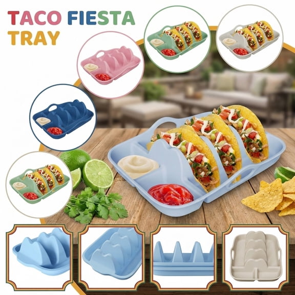 10X7 Inch Light Blue Silicone Divided Serving Tray, Taco Holder for Hard Shells, Taco Serving Tray for Buffets, Taco Holder for Parties, Durable Flexible Silicone Build with 4