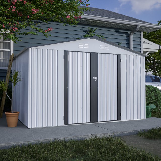 10X8 FT Outdoor Storage Shed, All Weather Metal Sheds with Lockable