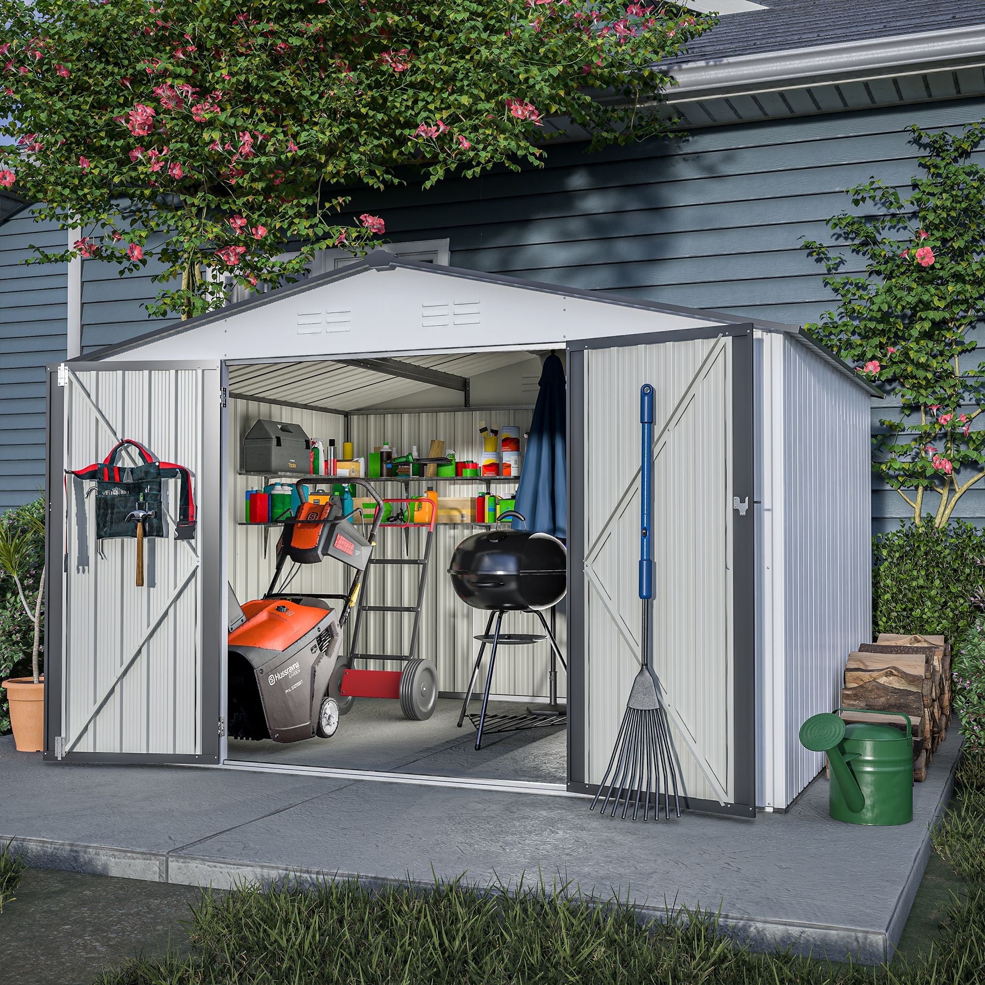 10×8 FT Metal Outdoor Storage Shed, Large Garden Sheds with 2 Lockable Doors, All Weather Anti-Corrosion Galvanized Steel Tool House for Backyard Garden Lawn, White