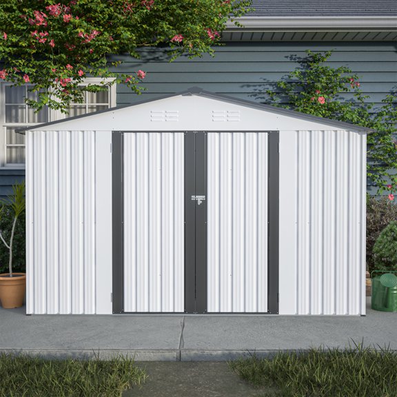 10X8 FT Outdoor Storage Shed, All Weather Metal Sheds withLockable Doors, Tool Shed for Garden, Patio, Backyard, Lawn, Grey