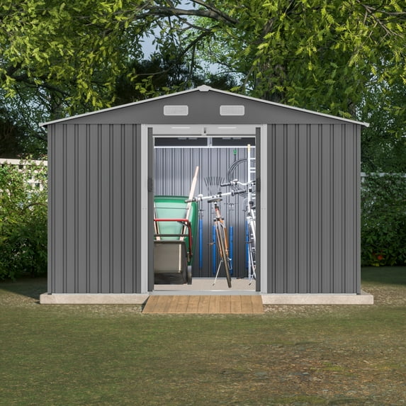 10X8 FT Outdoor Storage Shed, Metal Foundation & Lockable Doors, Tool Shed for Garden, Patio, Backyard, Lawn, Grey