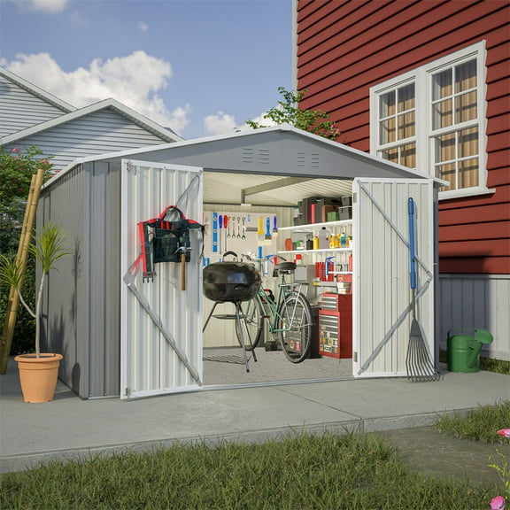 10X8 FT Outdoor Storage Tool Sheds, All Weather Metal Shed With Ventilation Vents, Backyard Storage Shed With Lockable Doors For Garden, Patio