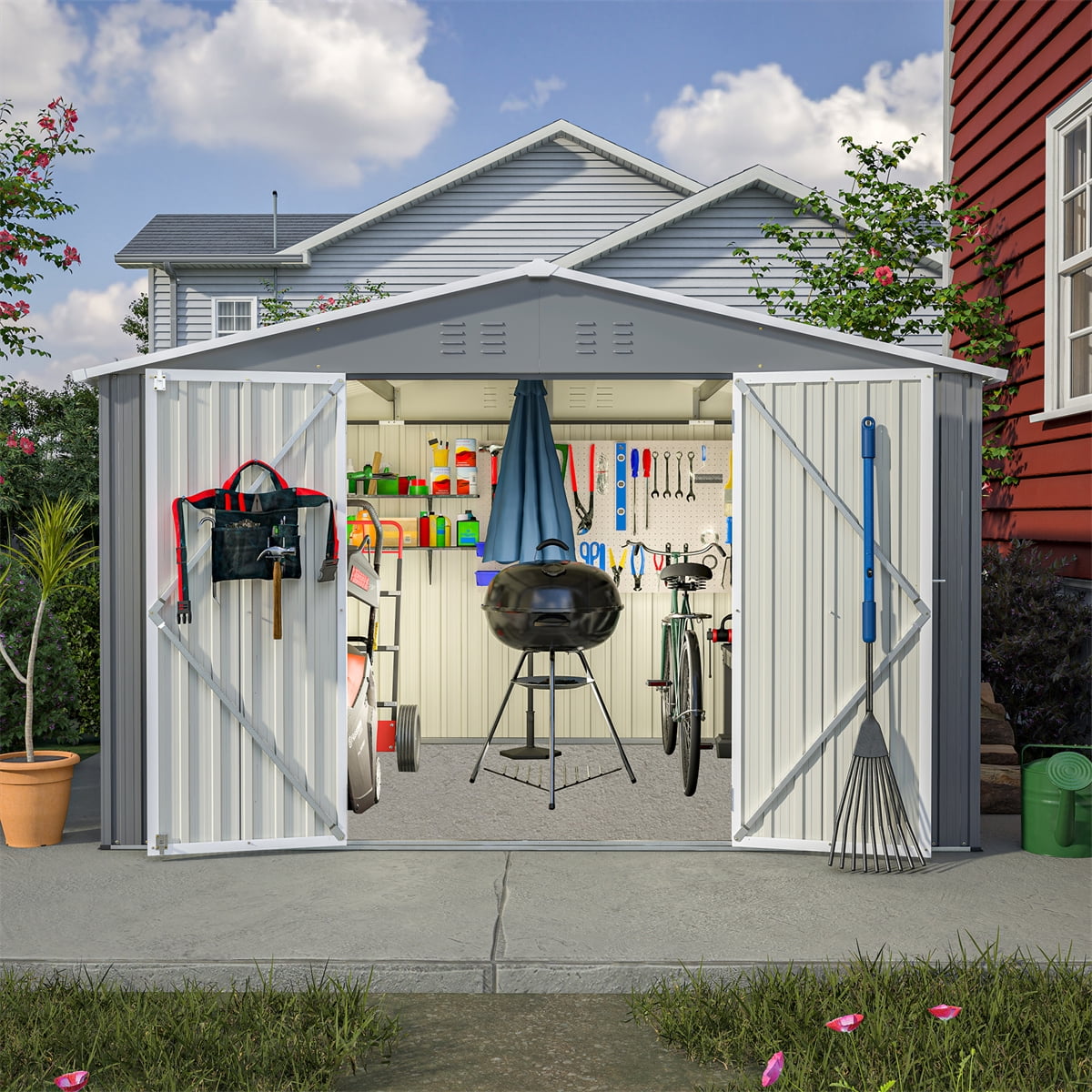 10X8 ft Outdoor Multi-functional Storage Shed, All Weather Tool Shed ...