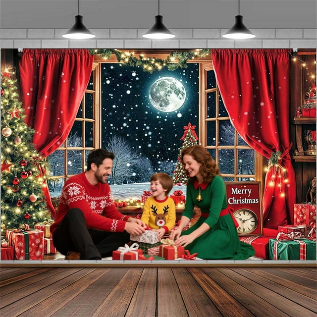 10X8FT Christmas Backdrop Winter Christmas Wooden Window Decoration