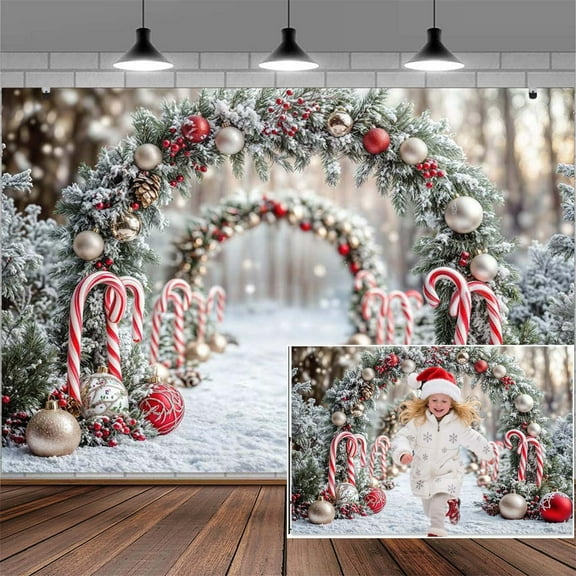 10X8FT Merry Christmas Cane Candy Backdrop Snow Forest Photography Background Xmas Tree Kids Photo Backdrop for Family Christmas Party Photoshoot Decorations Winter New Year Holiday Wall Decor