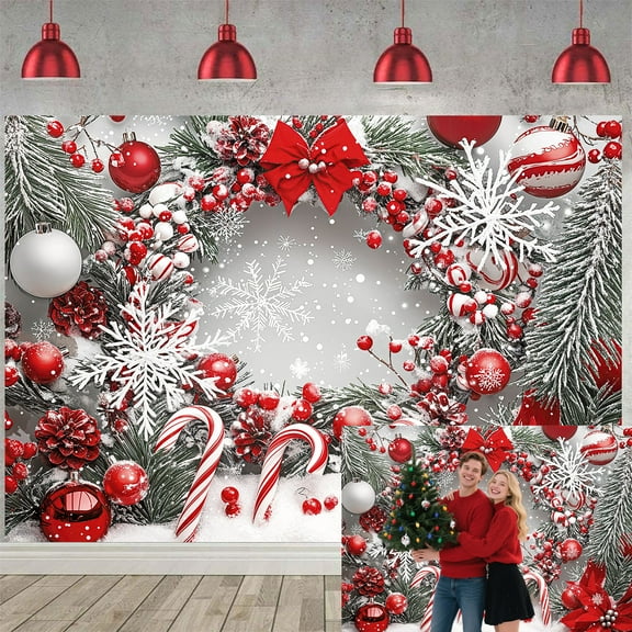 10X8FT Merry Christmas Party Backdrop Red Candy Cane Winter Snowflake Xmas Tree Ball Flowers Photography Background New Year Eve Holiday Baby Shower Banner Decoration Photo Props