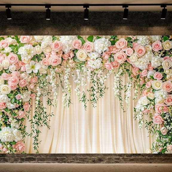 10X8FT Wedding Photography Backdrop Pink Flower Floral Bridal Backdrop Anniversary Ceremony Wall Background Flower Girl Birthday Party Decorations Baby Shower Banner Mother's Day Photo Booth Props