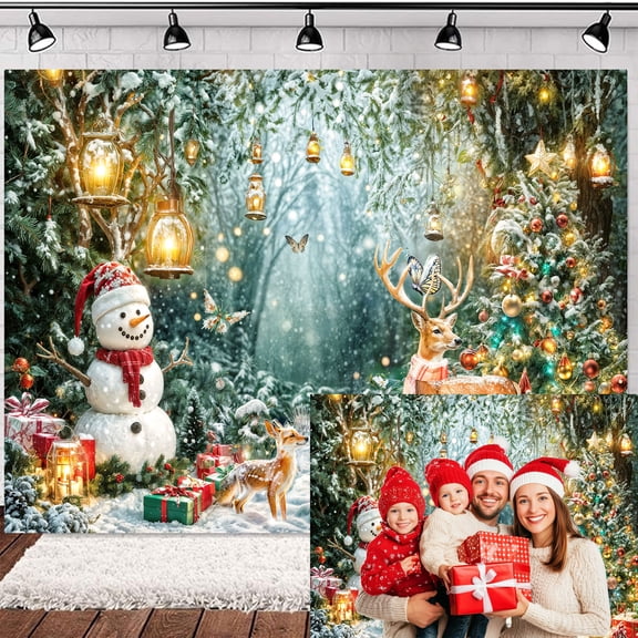 10X8FT Winter Wonderland Backdrop Christmas Forest Scene Snowy Tree Snowman Deer Photography Background Xmas Holiday New Year Family Party Decorations Banner Photo Booth Studio Props
