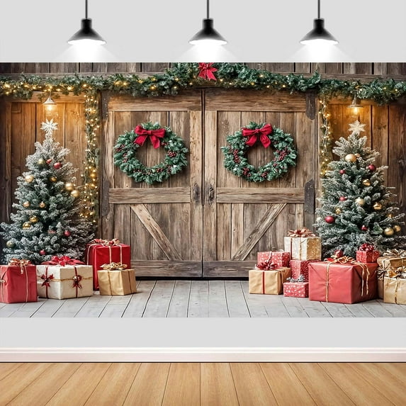 10X8ft Christmas Backdrop Barn Wood Door Xmas Tree Photography Background Winter Holiday Party Photo Booth Family Portrait Decoration Supplies Photo Studio Props Wall Decor Banner