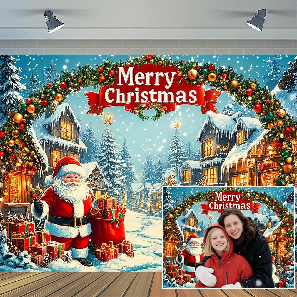 10X8ft Christmas Backdrop Santa Snowman Reindeer Christmas Archway ...