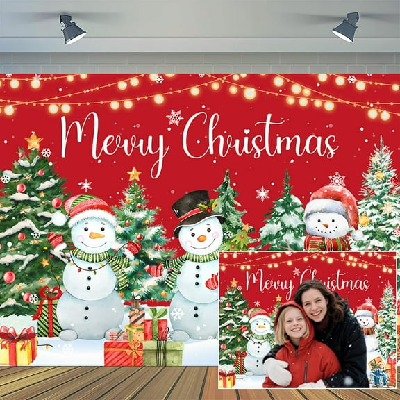 10X8ft Christmas Backdrop Snowman Christmas Tree Gifts Photography Background Xmas Holiday Party Photo Booth Family Portrait Decor Supplies Photo Studio Props Wall Decor Banner
