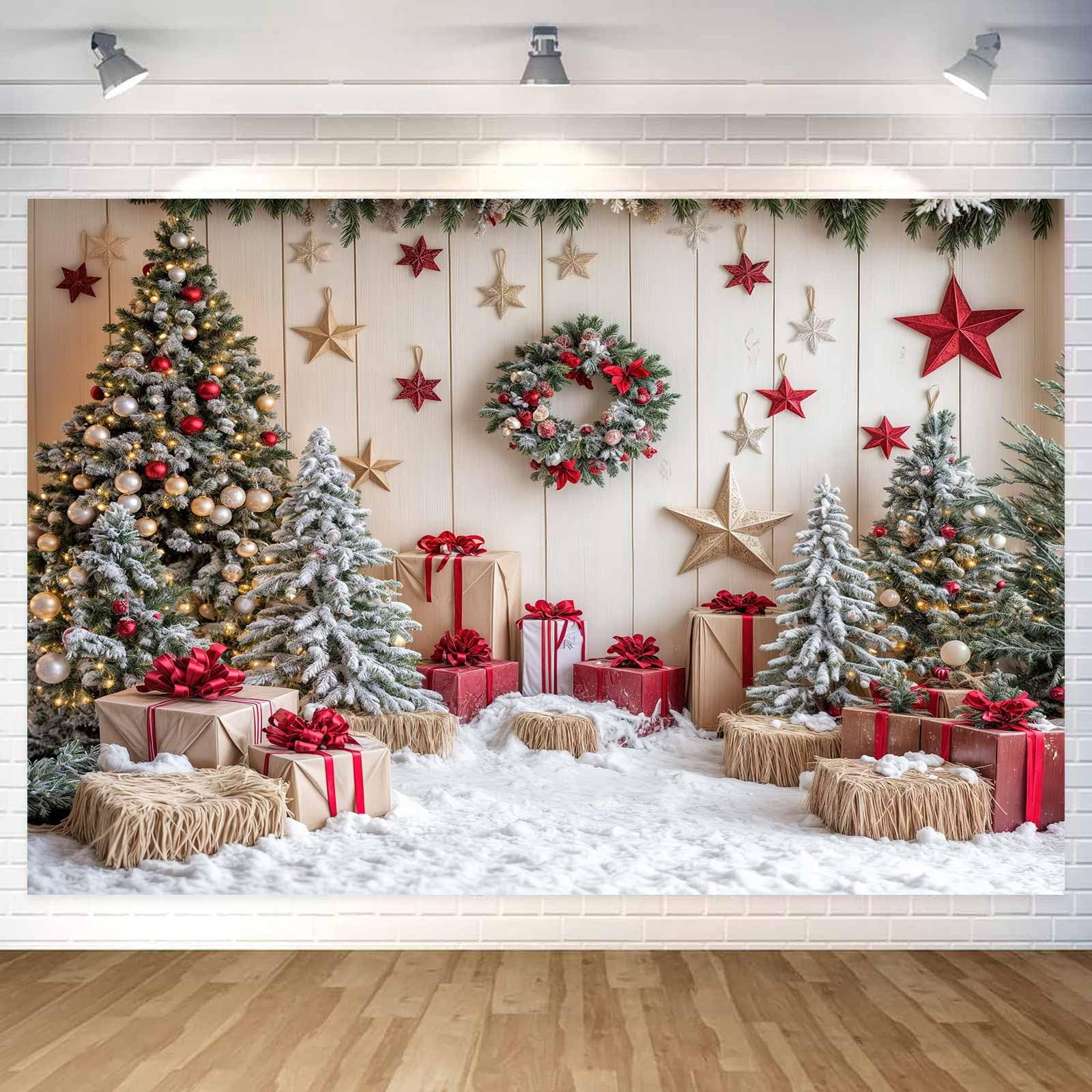 10X8ft Christmas Backdrop Xmas Tree Gifts Stars Wreath Photography ...